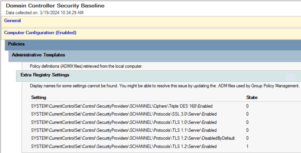 Screenshot of Active Directory Domain Controller TLS Settings in a Group Policy Object