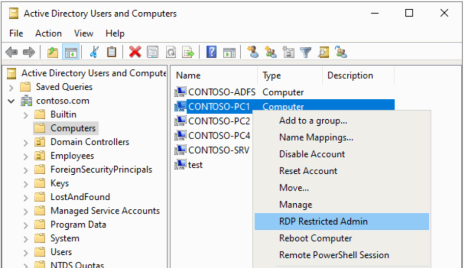 Screenshot of a customized context menu in the Active Directory Users and Computers console