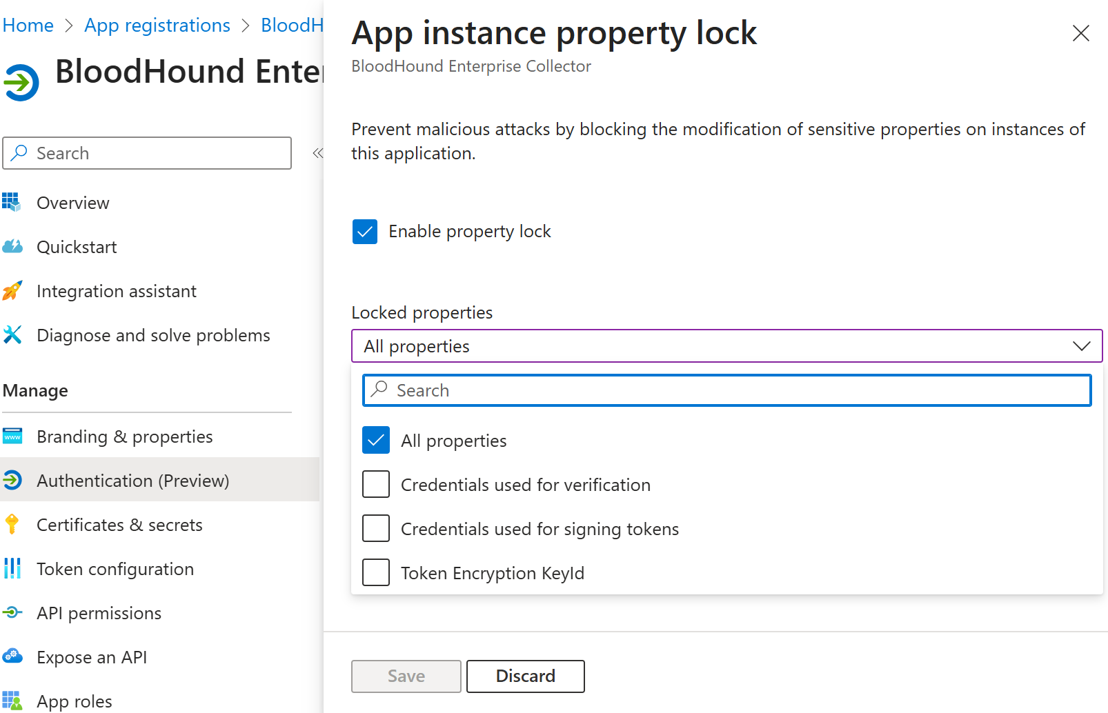 BloodHound Enterprise Collector App Instance Property Lock Screenshot