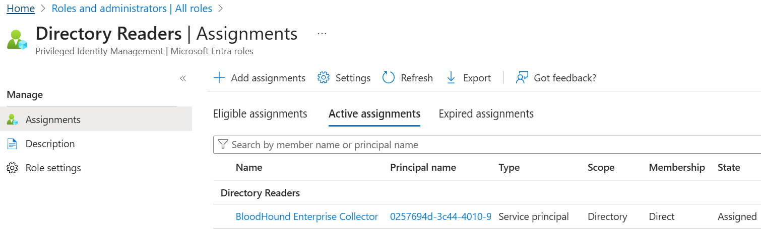 BloodHound Enterprise Collector Role Assignment Screenshot