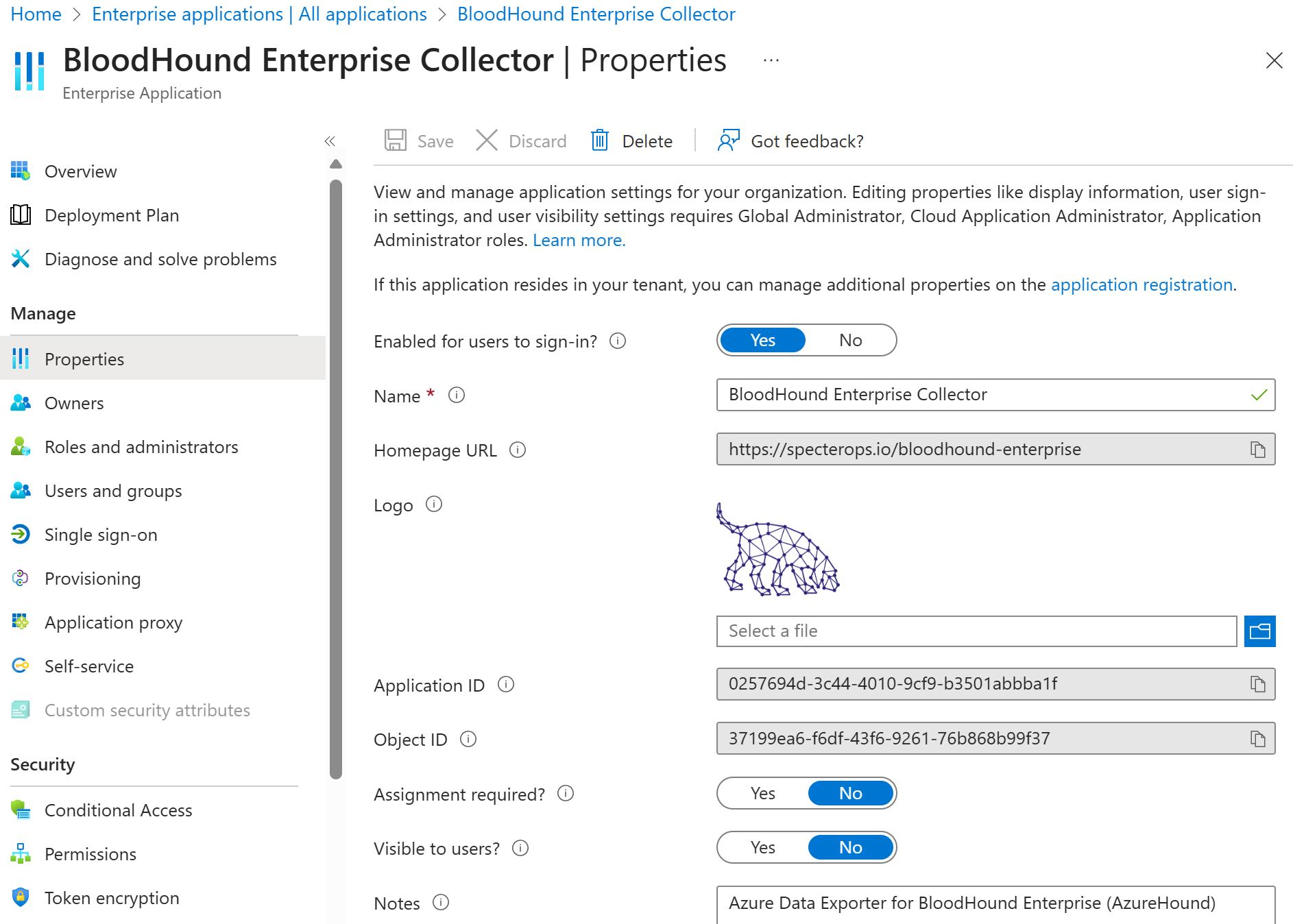 BloodHound Enterprise Collector Service Principal Properties Screenshot