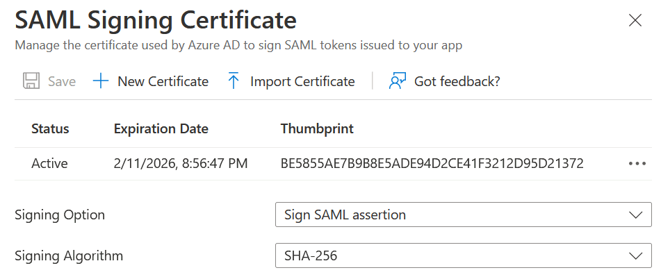 SAML Signing Certificate Screenshot