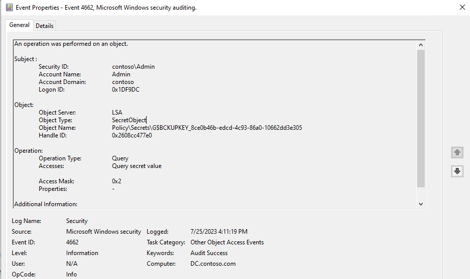 Domain controller query secret value event screenshot