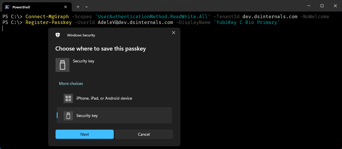 Screenshot z registrácie Passkey v Entra ID pomocou PowerShellu