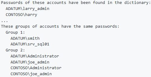 Ukážka z výstupu príkazu Test-PasswordQuality