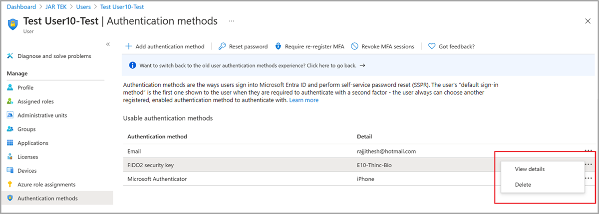 View FIDO2 security details