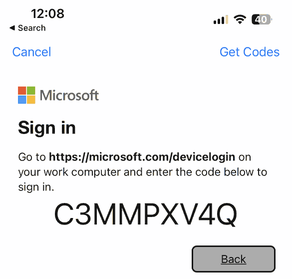 Microsoft Authenticator device code authentication flow screenshot